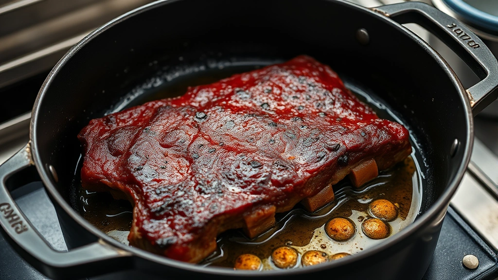 process: searing beef ribs in cast iron Dutch oven with oil sizzling, golden crust forming, professional kitchen lighting, photorealistic, no text