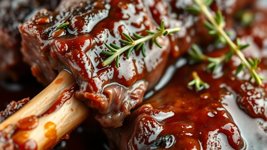 detail: close-up of tender beef rib meat pulling away from bone, glossy braised sauce coating, fresh thyme sprigs, macro photography, photorealistic, no text