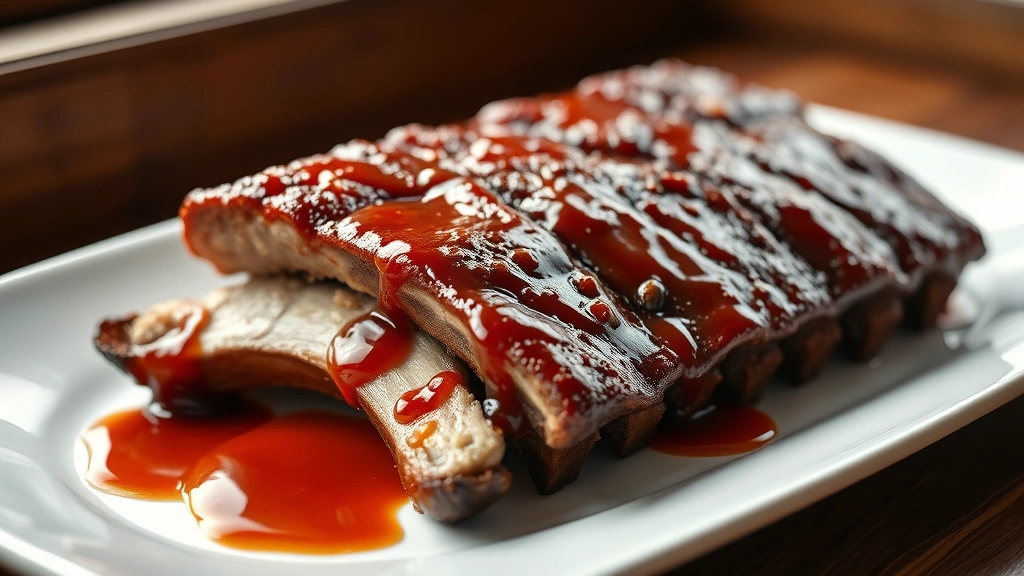 hero: glazed country style pork ribs on white plate with sauce dripping, photorealistic, natural window light, close up detail, no text, restaurant quality