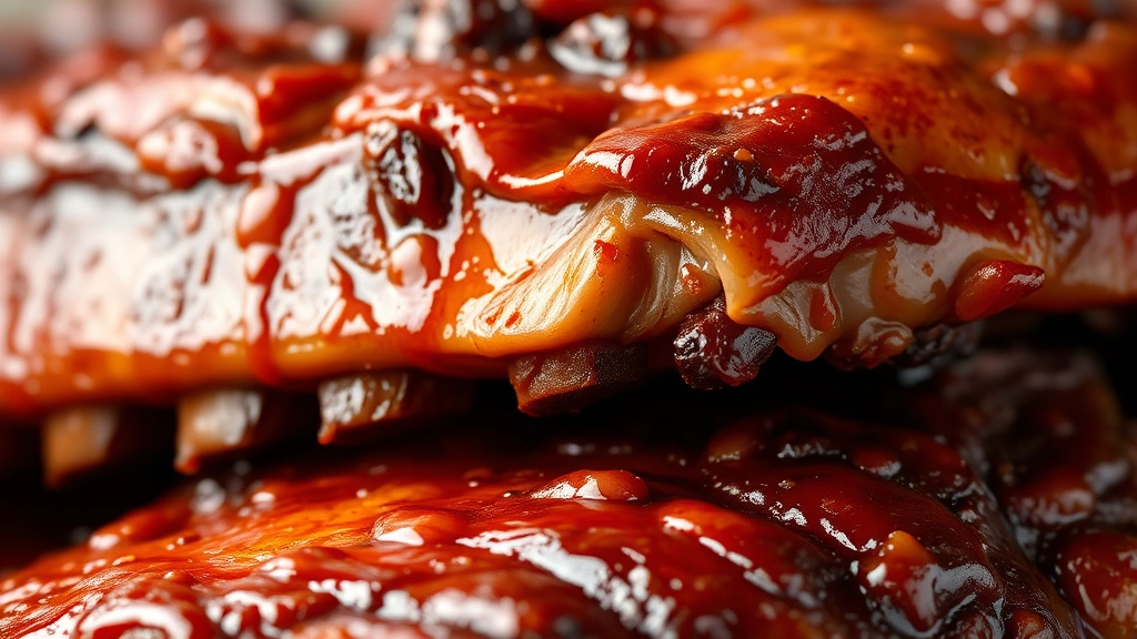 detail: close-up of cooked ribs showing tender meat, caramelized glaze, and juicy texture, photorealistic, natural light, macro photography, no text