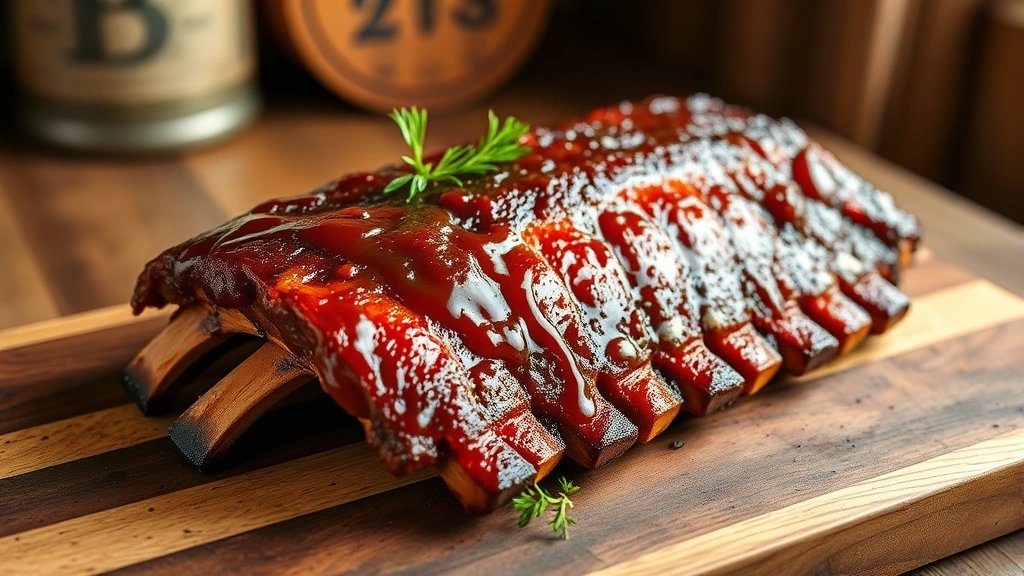 hero: perfectly cooked country style ribs with caramelized glaze on a wooden serving board, fresh herbs garnish, warm natural lighting from the side, rustic farmhouse setting, no text or watermarks