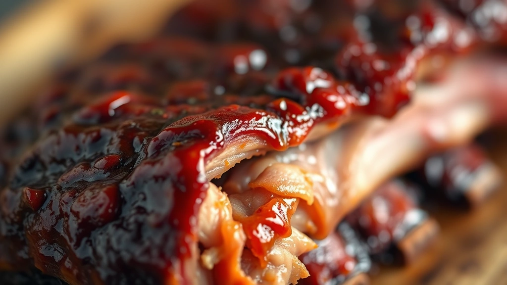 detail: close-up macro shot of one cooked country style rib showing the tender meat falling from the bone, glossy BBQ glaze coating, shallow depth of field, warm golden lighting, no text