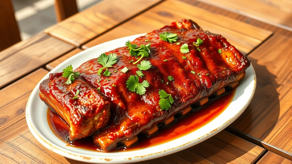 hero: platter of glazed country style pork ribs with caramelized sauce, garnished with fresh cilantro, rustic wooden table, warm natural sunlight, no text