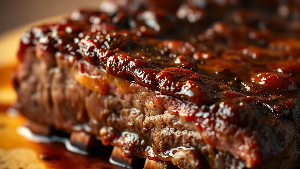 detail: close-up of single country style rib showing meat texture and caramelized bark with sauce, shallow depth of field, warm golden lighting, no text