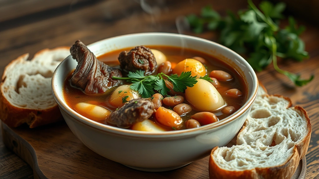 hero: steaming bowl of rich cow tail soup with tender meat, potatoes, and beans, garnished with fresh herbs, crusty bread beside it, warm lighting, rustic table, photorealistic, natural light, no text