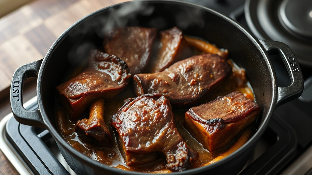 process: beef oxtails browning in cast iron Dutch oven, golden crust forming, steam rising, photorealistic, natural light, no text