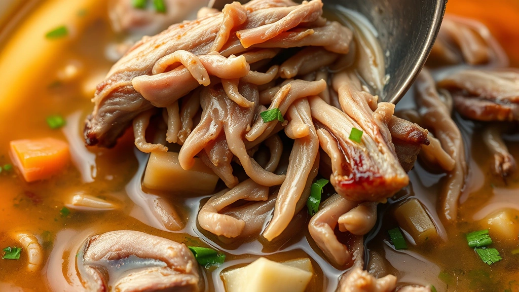 detail: close-up of tender shredded oxtail meat in rich broth with vegetables and herbs visible, spoon lifting meat, photorealistic, natural light, no text