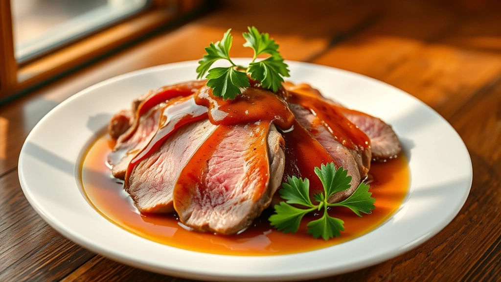 hero: beautifully sliced beef tongue arranged on white plate with rich broth sauce drizzled over top, fresh parsley garnish, warm natural window light, elegant plating, no text
