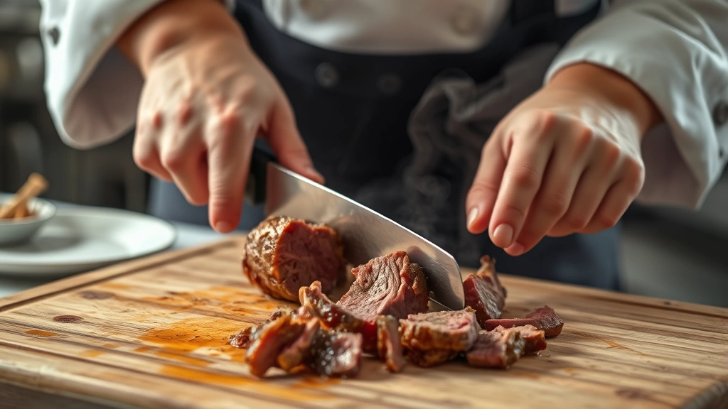 process: chef's hands slicing cooked beef tongue with sharp knife on wooden cutting board, steam rising, natural kitchen lighting, no text