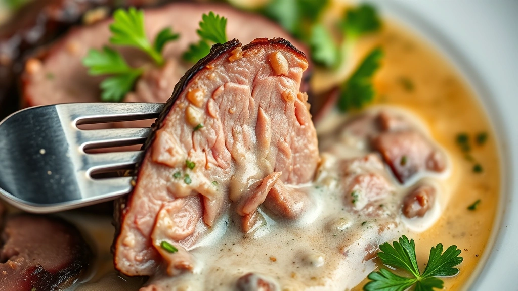 detail: close-up of single slice of tender cooked beef tongue with fork, showing perfect texture and juiciness, creamy broth sauce, parsley garnish, macro photography, no text
