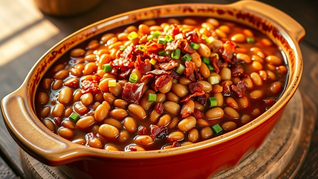 hero: large ceramic baking dish filled with cowboy baked beans, beans glistening with sauce, topped with crispy bacon bits and green onions, golden-brown edges visible, rustic wooden table background, natural daylight streaming from left, warm appetizing colors, no text or logos