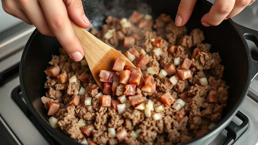 process: skilled hands stirring ground beef and bacon in cast iron skillet, meat browning beautifully, diced onions visible, steam rising, natural kitchen light, close-up angle showing texture and movement, no people faces, no text