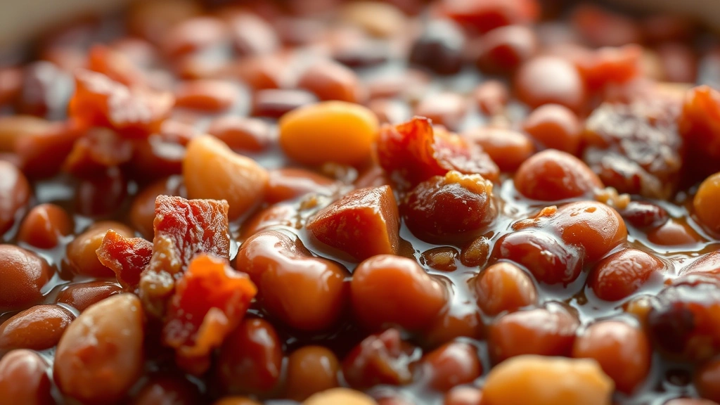 detail: extreme close-up of individual cowboy baked beans with glossy sauce coating, crispy bacon pieces, bean varieties visible, shallow depth of field, warm natural light highlighting the textures and colors, appetizing and mouth-watering composition, no text