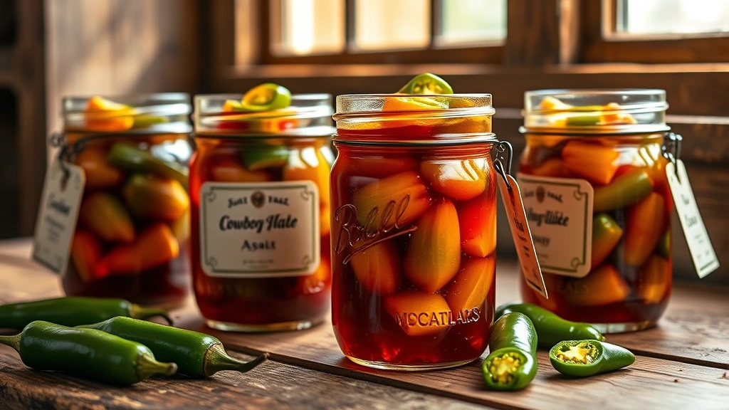 hero: four beautiful half-pint Mason jars filled with glossy Cowboy Candy, jalapeños suspended in jewel-toned syrup, labels attached, arranged on a rustic wooden surface with fresh jalapeños scattered nearby, warm natural window light casting soft shadows, food photography style, sharp focus on jar details