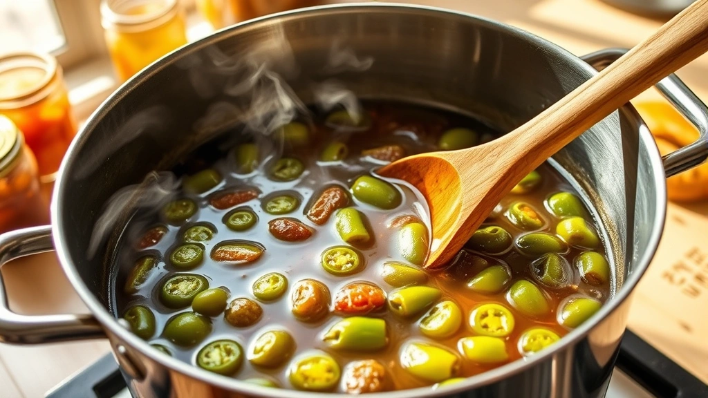 process: large stainless steel pot with simmering jalapeño mixture, wooden spoon stirring the glossy preserves, steam rising, spices visible, bright kitchen counter with jars in background, natural daylight from window, cooking action shot, warm inviting tones
