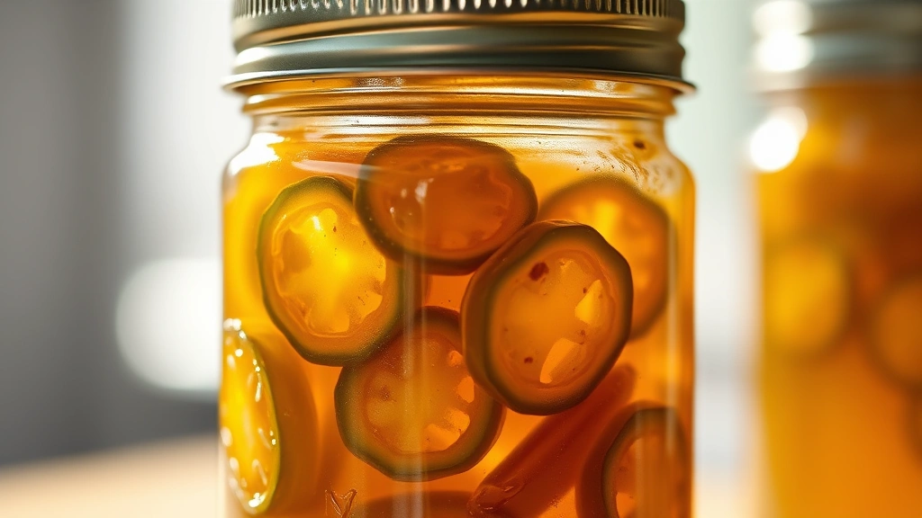 detail: close-up macro shot of single jar showing texture of jalapeño rings suspended in clear amber syrup, light passing through showing translucency, jar lid and band in sharp focus, shallow depth of field, professional food styling, natural light creating sparkle effect