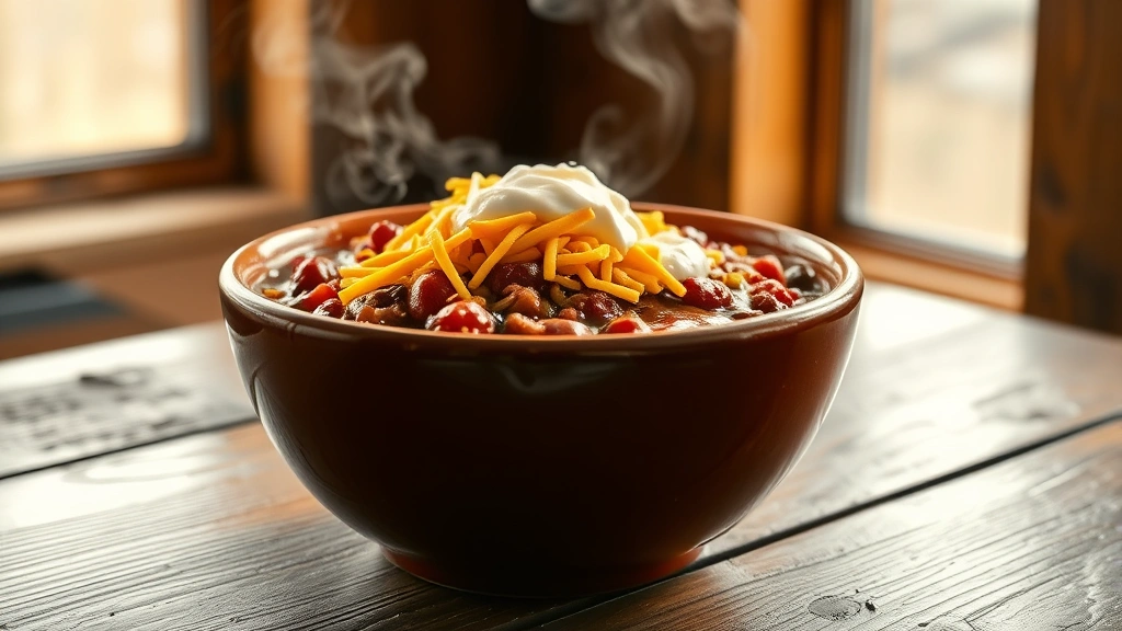 hero: steaming bowl of cowboy chili with shredded cheddar cheese and sour cream toppings, rustic wooden table, warm natural window light, steam rising from bowl, no text