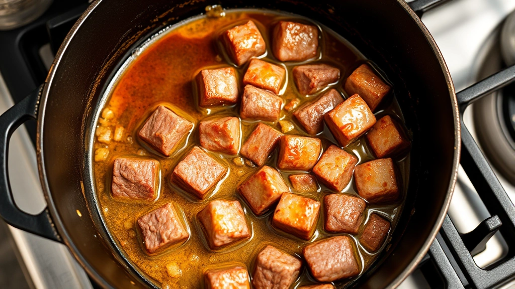 process: beef browning in cast iron pot with bacon fat, golden crust on meat cubes, kitchen stovetop, natural daylight, professional food photography, no text