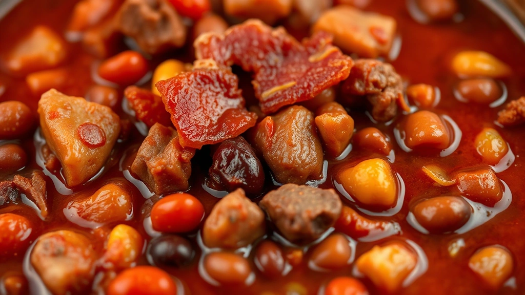 detail: close-up of hearty chili with visible chunks of beef, beans, tomatoes, and bacon, shallow depth of field, warm lighting, rustic presentation, no text