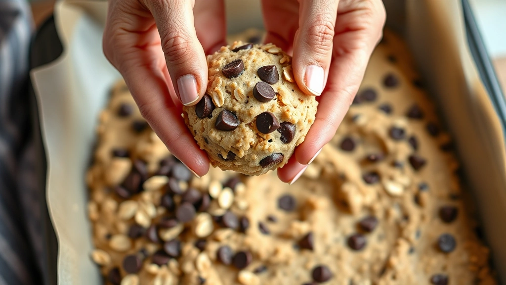 process: hands holding cookie dough ball above baking sheet, chocolate chips and oats visible in mixture, natural kitchen lighting, photorealistic, no text