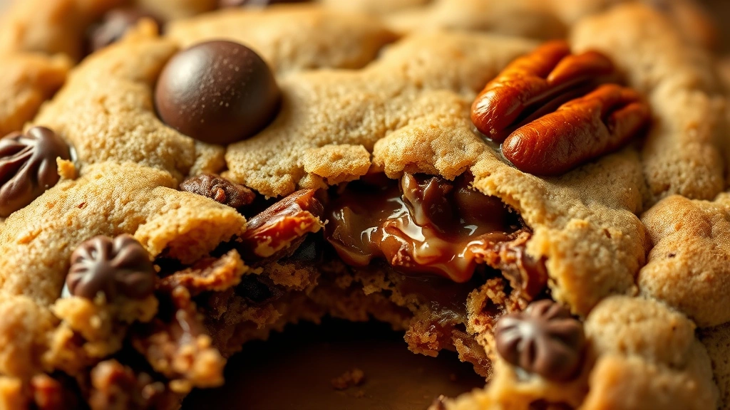 detail: close-up of single broken cowboy cookie showing chewy center, melted chocolate chips and toasted pecans, warm golden lighting, photorealistic, no text