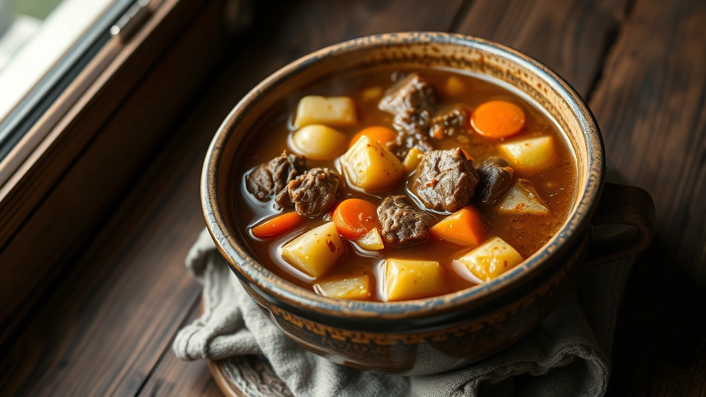 hero: steaming bowl of cowboy stew with chunks of beef, potatoes and carrots in rich brown broth, rustic wooden table, natural window light, no text