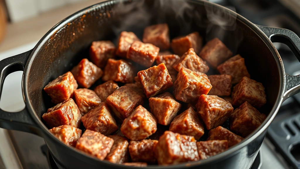 process: searing beef cubes in cast iron Dutch oven with golden brown crust forming, steam rising, natural kitchen light, no text