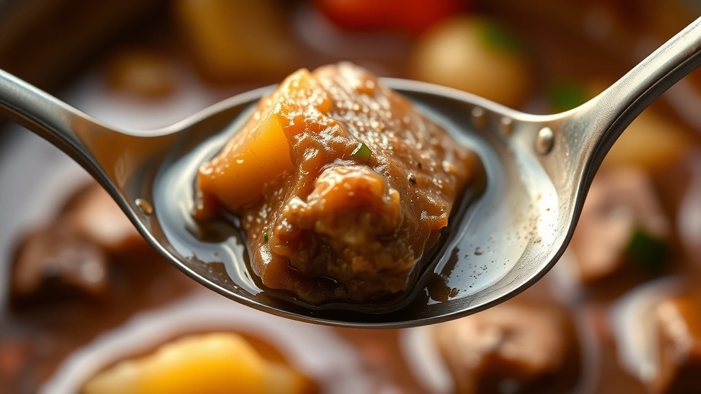 detail: close-up spoonful of cowboy stew showing tender beef piece, potato cube and broth, shallow depth of field, warm natural light, no text