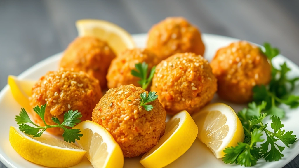 hero: golden crispy crab balls arranged on white plate with lemon wedges and fresh parsley garnish, photorealistic, natural daylight, no text, appetizing presentation