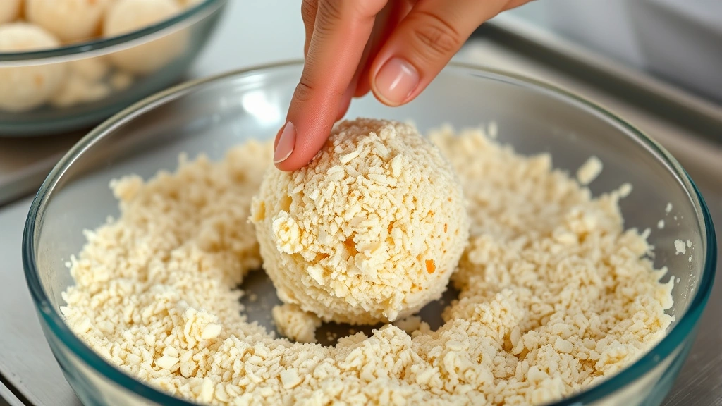 process: hand coating crab ball in panko breadcrumbs at breading station, photorealistic, natural light, no text, showing preparation technique