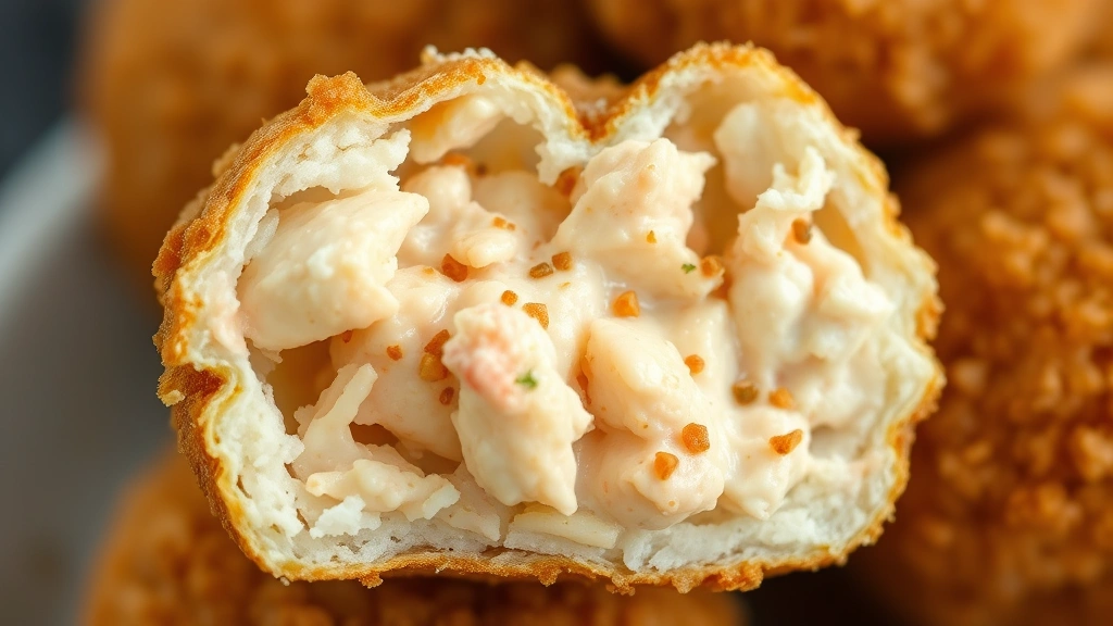 detail: close-up cross-section of fried crab ball showing crispy exterior and creamy crab-filled interior, photorealistic, natural light, no text, appetizing