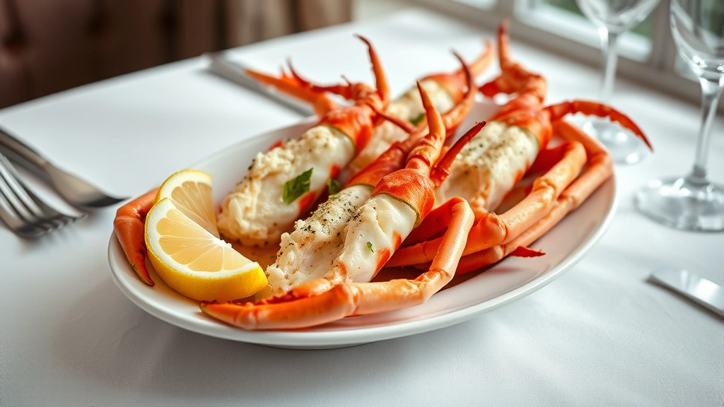 hero: beautiful plated crab legs with melted butter and lemon wedges, photorealistic, natural window light, no text, elegant table setting