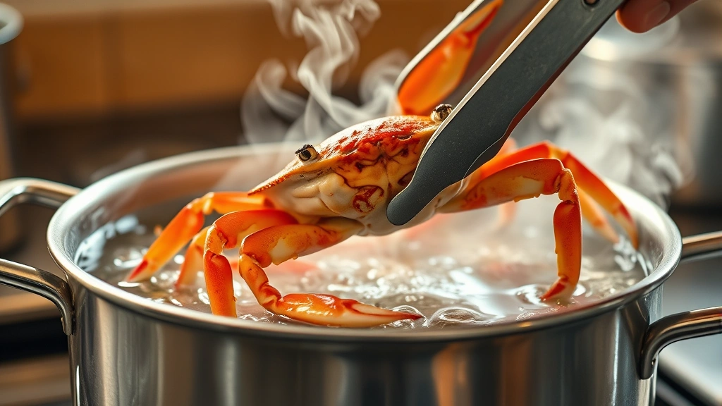 process: steam rising from pot of boiling crab legs, photorealistic, warm kitchen lighting, no text, close-up of tongs removing crab from water