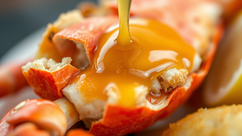 detail: close-up of cracked crab leg meat with melted golden butter dripping off, photorealistic, natural light, no text, shallow depth of field