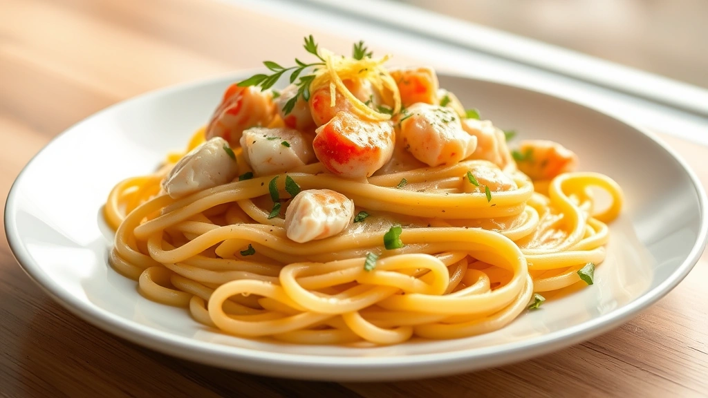 hero: creamy crab pasta with fresh herbs and lemon zest garnish on white plate, golden pasta strands coated in silky sauce with visible crab meat, warm natural window light, shallow depth of field, elegant plating