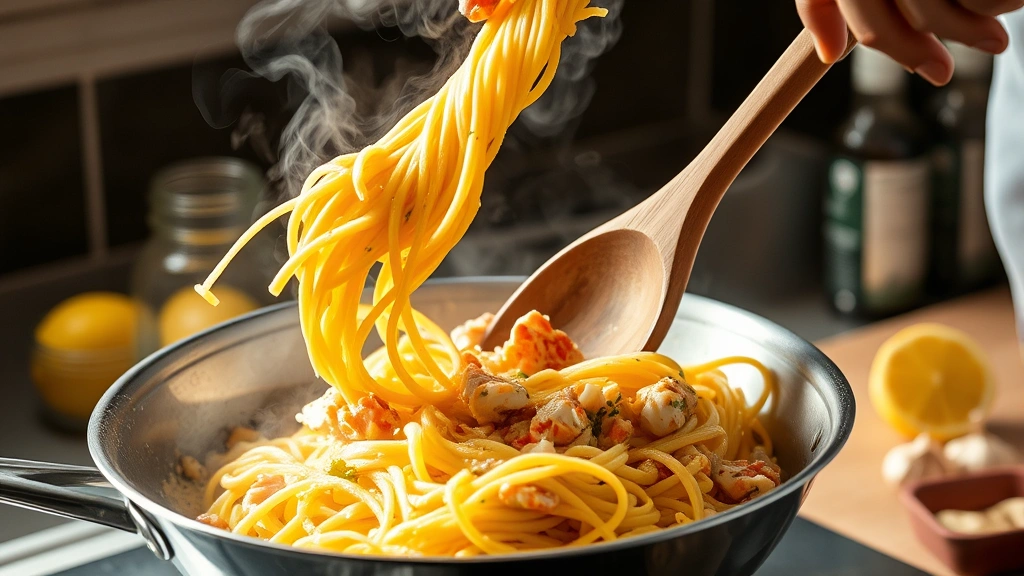 process: chef tossing hot pasta with crab sauce in stainless steel skillet, steam rising, wooden spoon visible, fresh lemon and garlic in background, natural kitchen lighting, dynamic action shot