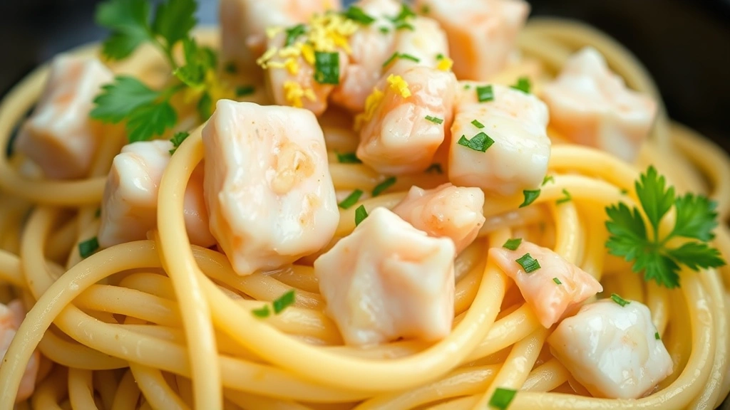 detail: close-up of perfectly cooked linguine with chunks of sweet crab meat, glossy butter sauce coating, fresh parsley and lemon zest sprinkled on top, macro photography, soft natural light, appetizing texture detail