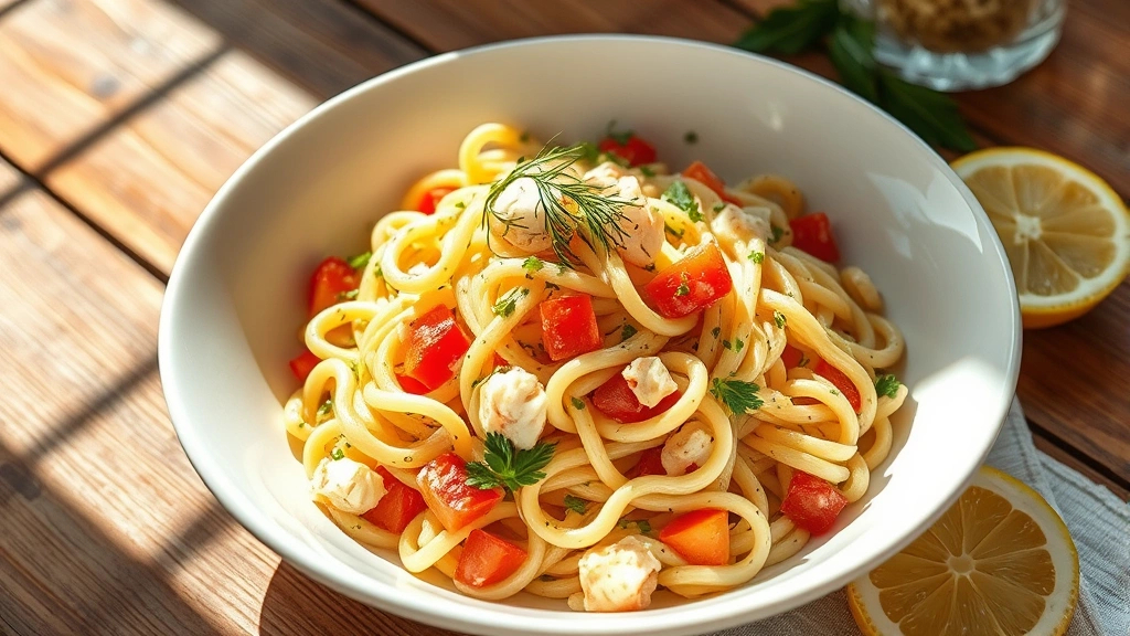 hero: elegant chilled crab pasta salad in a white ceramic bowl with fresh herbs scattered on top, colorful diced vegetables visible, fresh lemon slices on the side, natural daylight streaming across wooden table, coastal elegant styling