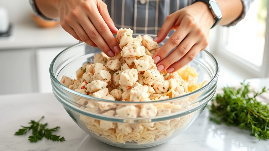 process: hands gently folding lump crab meat into pasta mixture in a large glass bowl, fresh dill and parsley nearby, bright kitchen counter, natural window light