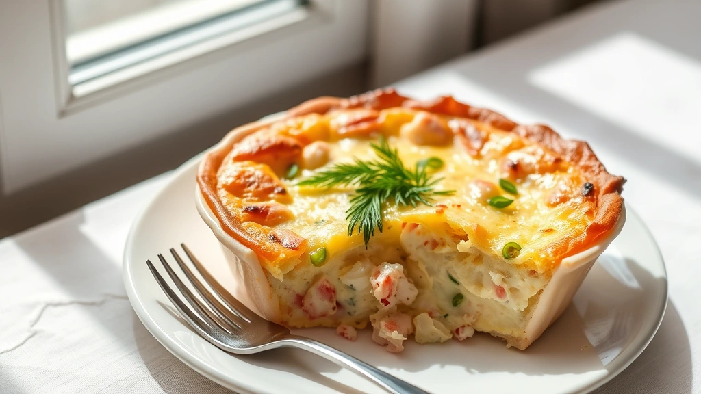 hero: golden-brown crab quiche in ceramic pie dish, creamy custard with visible crab pieces, garnished with fresh dill and green onions, served on white plate with fork, natural window light, soft shadows, rustic white tablecloth background