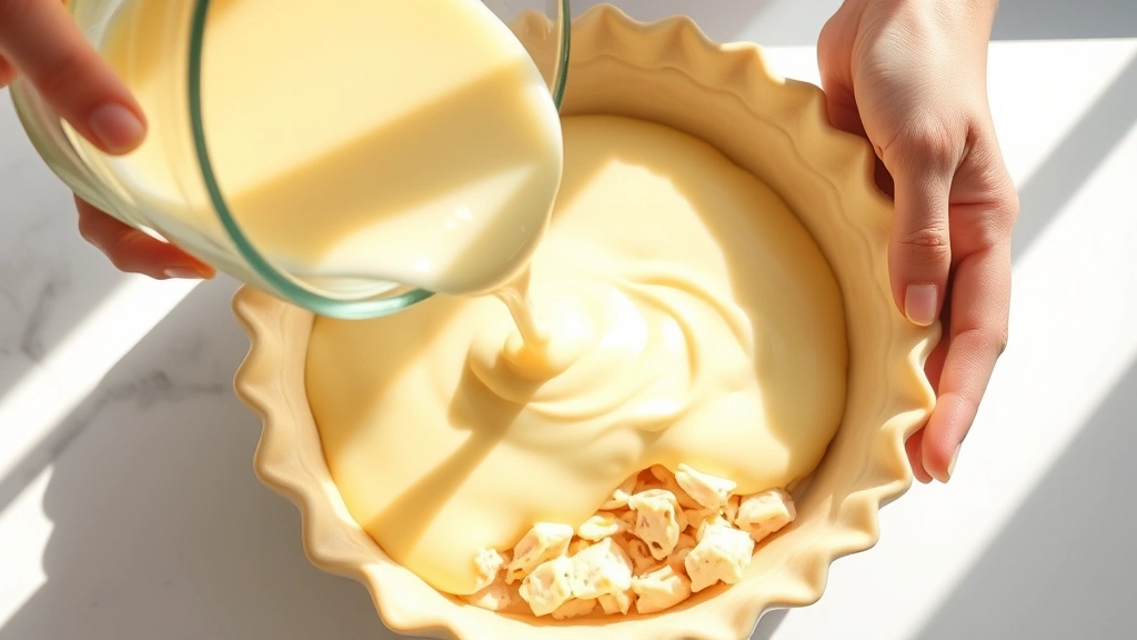 process: pouring silky cream and egg custard mixture into pie crust with crab meat visible below, hands holding mixing bowl, white kitchen counter, morning sunlight, professional food photography style