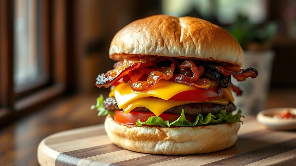 hero: perfectly stacked crack burger with melted cheese, crispy bacon, caramelized onions on toasted bun, fresh lettuce and tomato visible, photorealistic, natural window light, burger on wooden board, no text