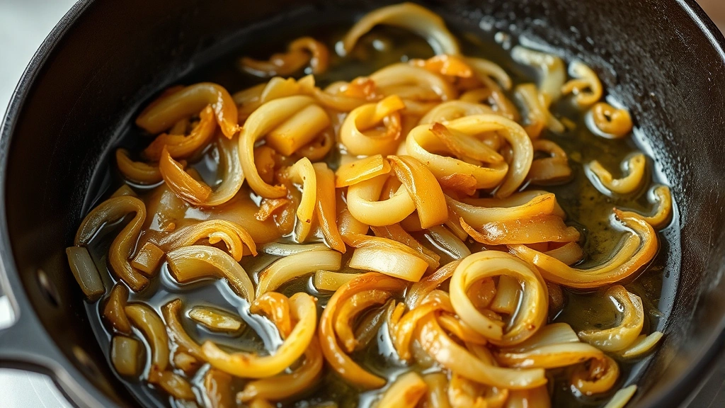 process: caramelized onions cooking in butter in cast iron skillet, golden brown and glossy, photorealistic, natural light, no text