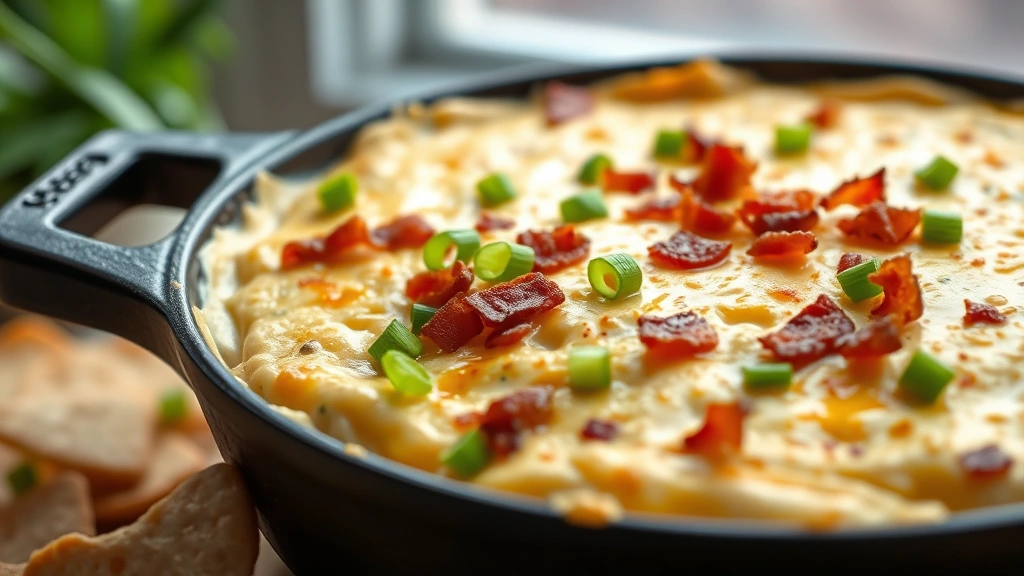 hero: creamy golden crack dip in cast iron skillet with crispy bacon bits and green onion garnish, bubbly cheese visible, photorealistic, natural window light, no text, shallow depth of field