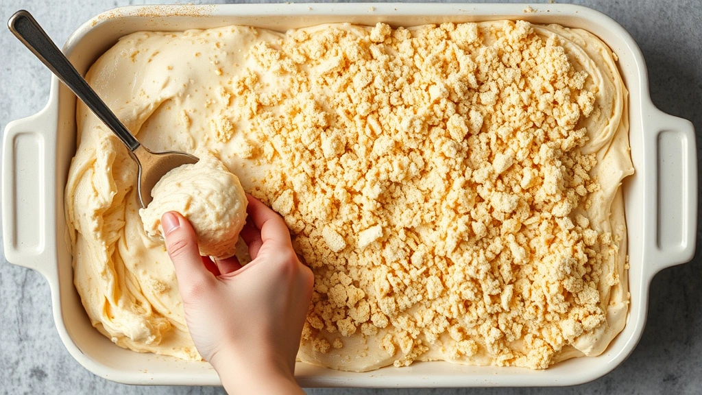 process: hands spooning crack dip mixture into baking dish, buttered breadcrumbs sprinkled on top, creamy texture visible, photorealistic, overhead angle, natural light, no text
