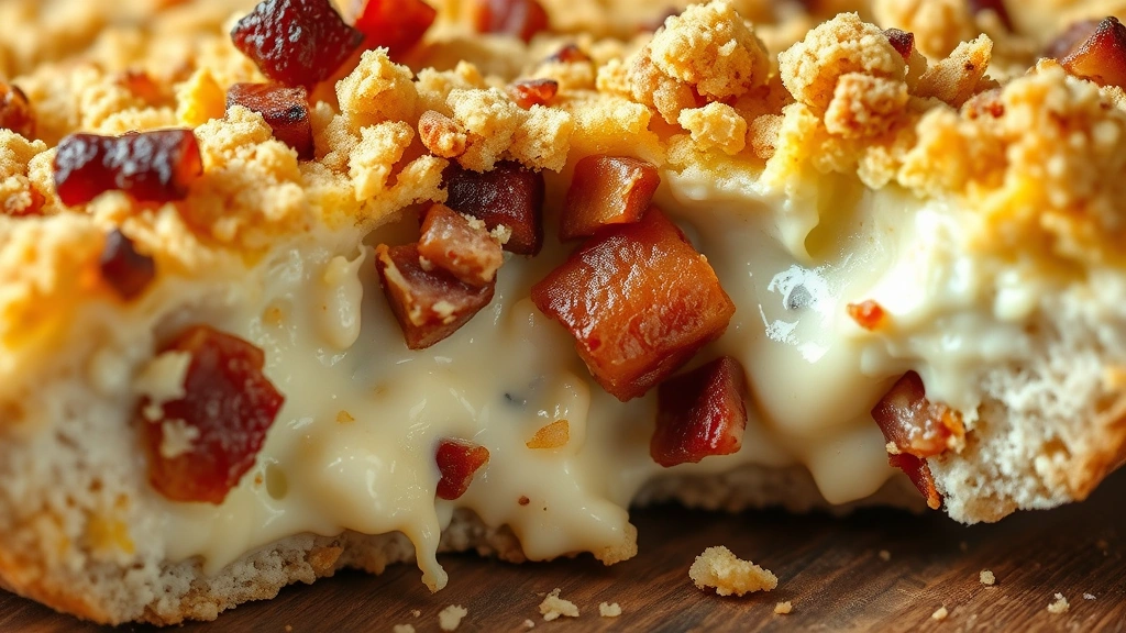 detail: close-up of crack dip cross-section showing layers of cheese, bacon pieces, and creamy interior with breadcrumb topping, photorealistic, macro photography, natural light, no text