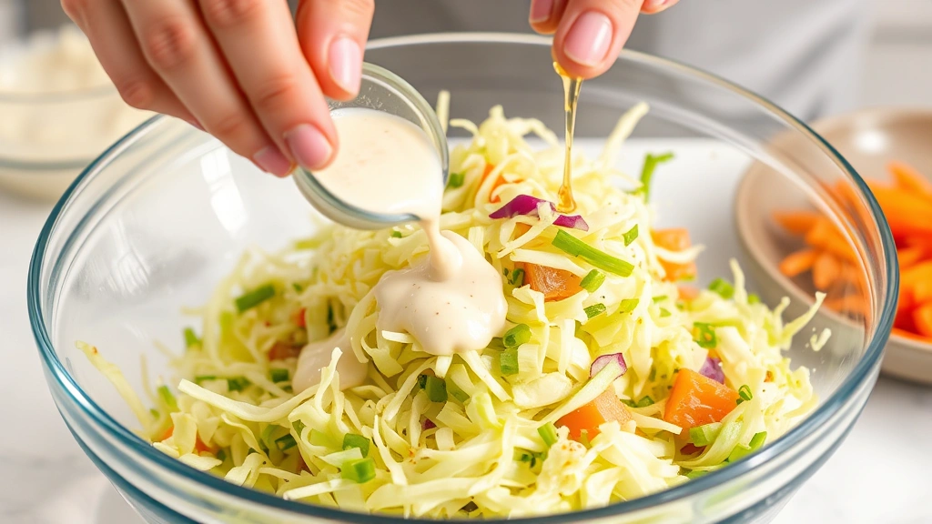 process: hands tossing fresh shredded cabbage with creamy dressing in large glass mixing bowl, sesame oil being drizzled, vegetables being combined, bright kitchen lighting, action shot showing preparation steps