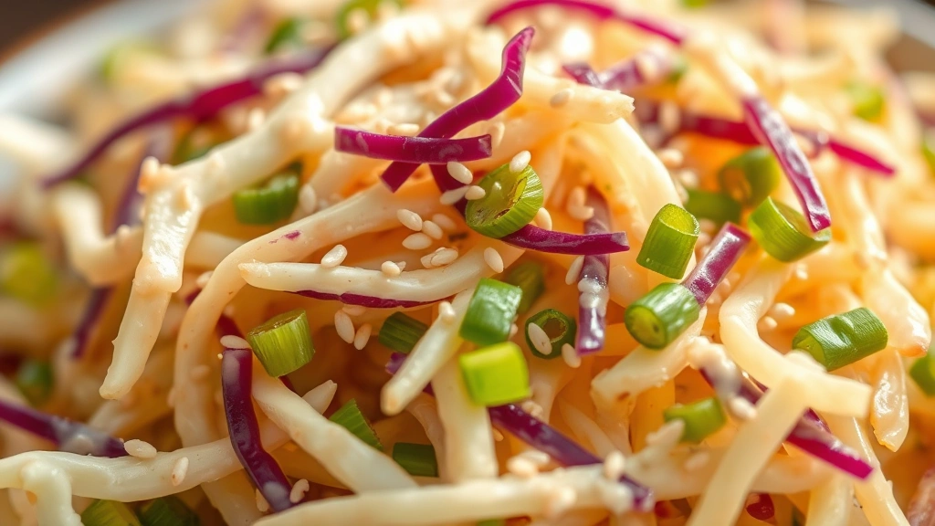 detail: close-up macro shot of crack slaw texture showing individual cabbage strands coated in creamy dressing, sesame seeds and green onions visible, shallow depth of field, warm natural sunlight highlighting colors and freshness