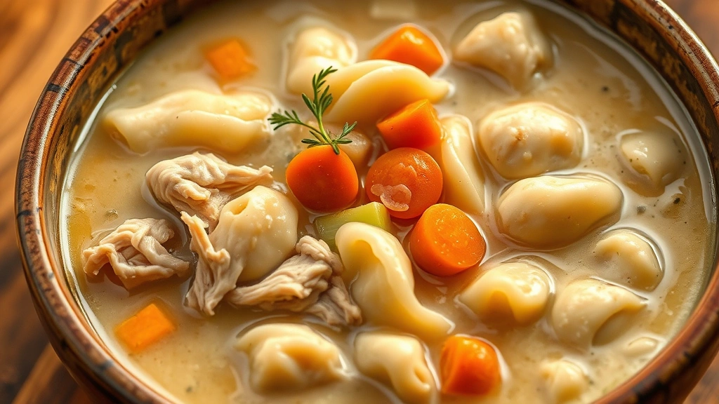 hero: steaming bowl of Cracker Barrel-style chicken and dumplings with tender egg noodle dumplings, shredded chicken, carrots, and celery in rich creamy broth, photorealistic, natural warm lighting from above, rustic bowl, no text