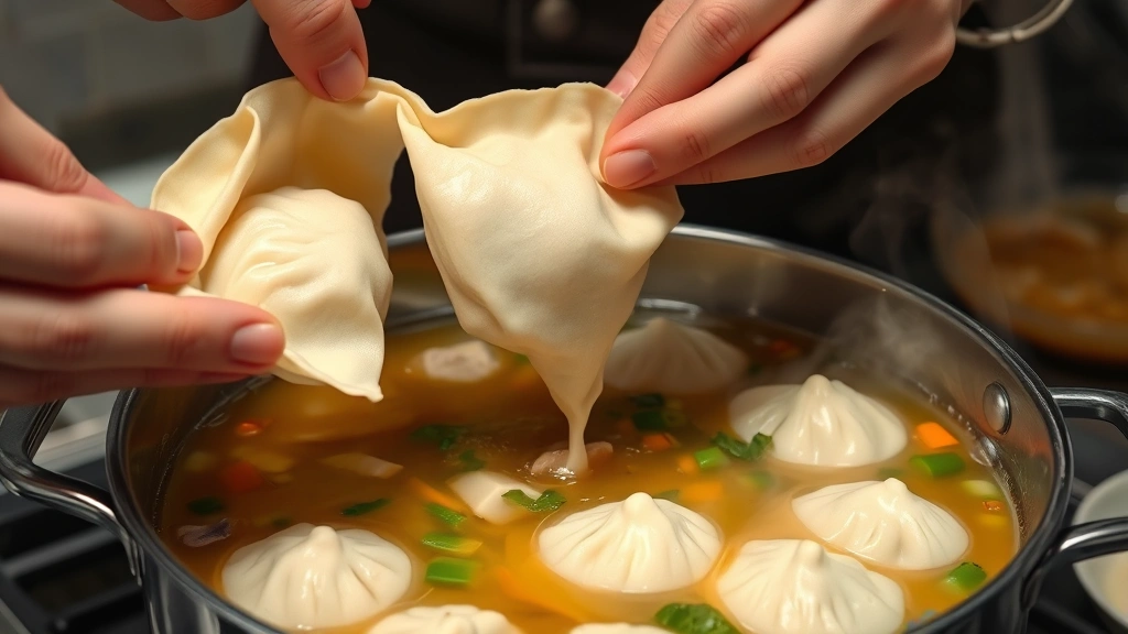 process: chef's hands dropping dumpling dough into simmering chicken broth with vegetables visible, photorealistic, steam rising, natural kitchen lighting, no text